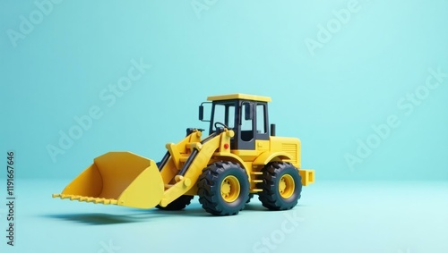 Yellow bulldozer on left. Yellow toy bulldozer, miniature construction