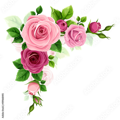 Roses corner border. Pink and purple roses corner design element isolated on a white background