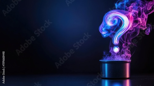 Question mark made of colorful smoke emerging from small black pot on dark background