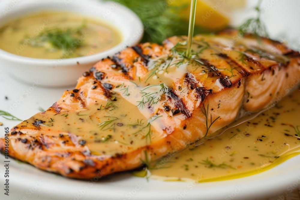 Grilled salmon fillet served with lemon slices and a creamy dill sauce on a wooden platter for a delicious meal Grilled salmon fillet served with lemon slices and a creamy dill sauce on a wooden platter for a delicious meal