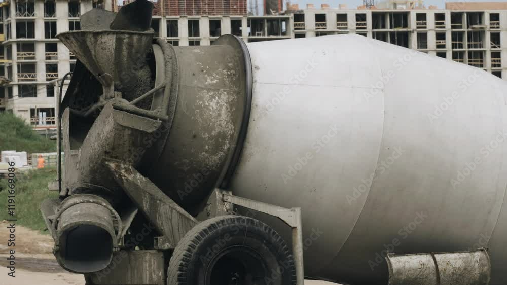A concrete mixer is positioned prominently at a bustling construction site, where workers engage in various tasks. Immense buildings loom in the background, showcasing urban development. A concrete mixer is positioned prominently at a bustling construction site, where workers engage in various tasks. Immense buildings loom in the background, showcasing urban development.