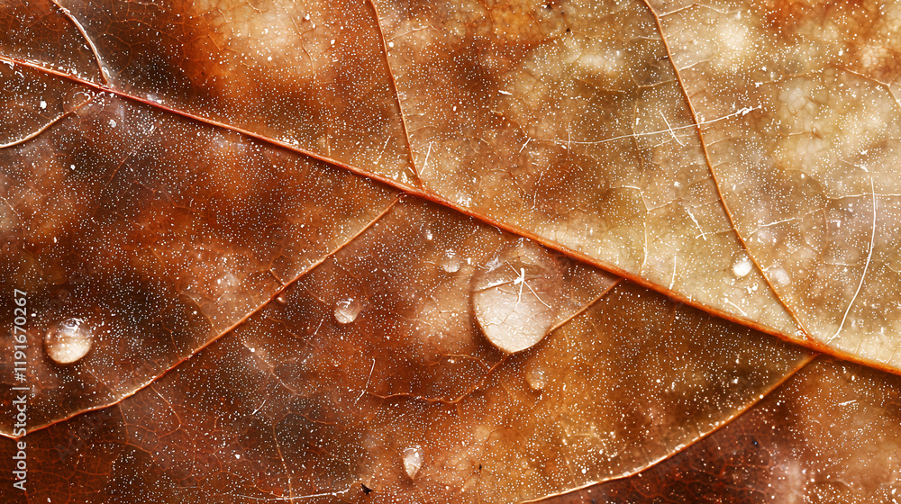 Fototapeta premium close up of leaf with visible water droplets, showcasing intricate textures and earthy tones. Nature beauty captured in detail
