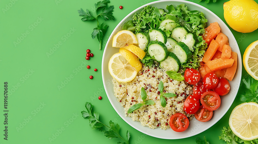 vibrant plate of quinoa salad featuring fresh vegetables, lemon, and herbs, perfect for healthy meal vibrant plate of quinoa salad featuring fresh vegetables, lemon, and herbs, perfect for healthy meal