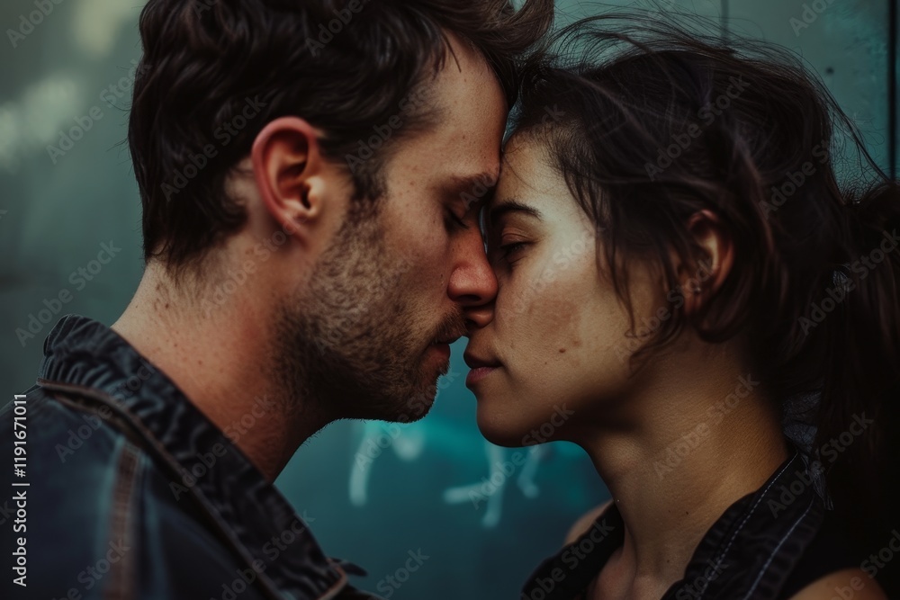 Couple sharing a kiss in a narrow alleyway during a cloudy afternoon in an urban setting Couple sharing a kiss in a narrow alleyway during a cloudy afternoon in an urban setting