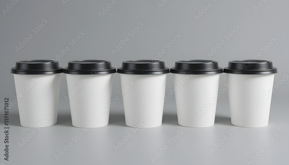 Five white disposable coffee cups with black lids in a row. (1) Five white disposable coffee cups with black lids in a row. (1)