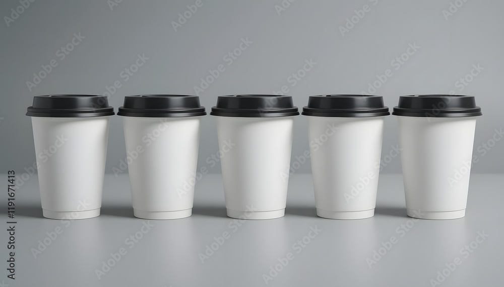 Five white disposable coffee cups with black lids in a row. Five white disposable coffee cups with black lids in a row.