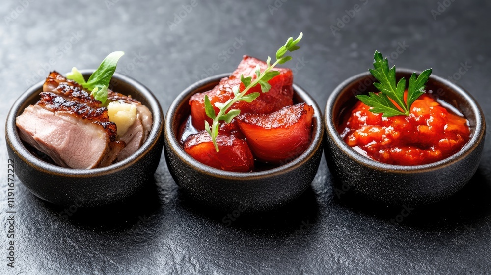 Three gourmet dishes presented in small bowls on dark surface Three gourmet dishes presented in small bowls on dark surface