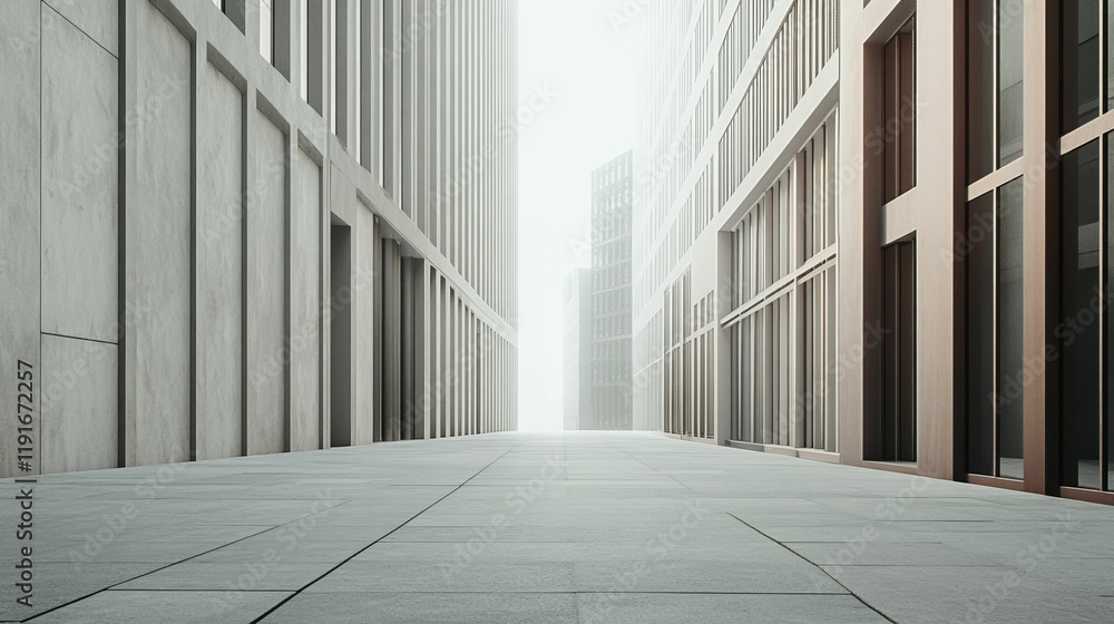 Obraz premium Modern city alley, gray buildings, paved walkway.