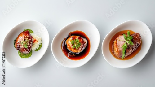 Three gourmet dishes on white plates, featuring artfully presented meats and sauces