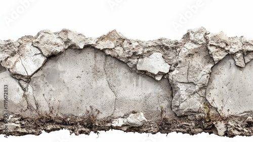 Cracked concrete wall, plants sprouting.