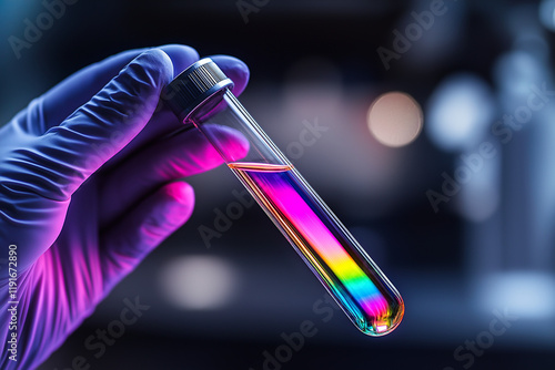 Scientist holding a test tube with rainbow colored liquid in a laboratory.