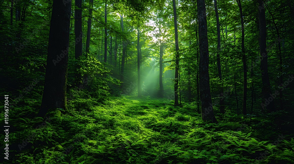 Fototapeta premium Sunbeams illuminate forest path, ferns, mist, nature wallpaper