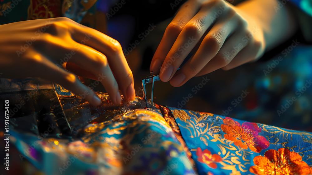 A person's hands carefully guide fabric under a sewing machine needle, preparing for a stitch. Moonspire. Illustration A person's hands carefully guide fabric under a sewing machine needle, preparing for a stitch. Moonspire. Illustration
