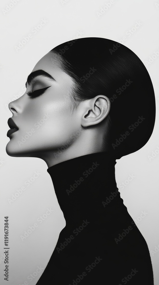 A close-up black and white portrait of a woman in a turtleneck sweater with minimal makeup and neat hair, focusing on her cheekbones and skin. A close-up black and white portrait of a woman in a turtleneck sweater with minimal makeup and neat hair, focusing on her cheekbones and skin.