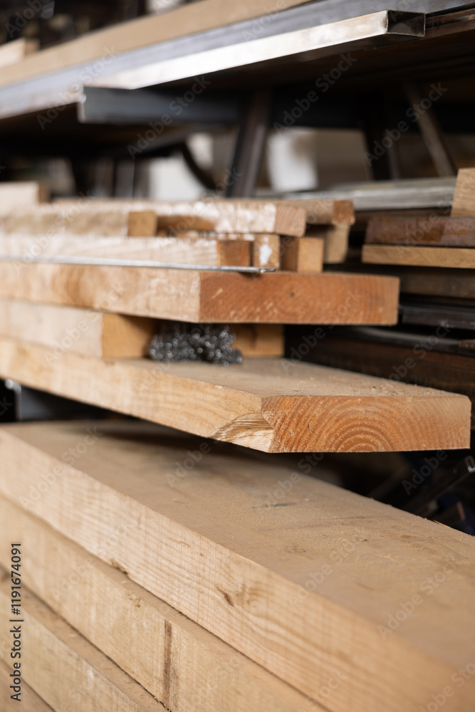 Stack of wooden planks stacked in warehouse in wood workshop Stack of wooden planks stacked in warehouse in wood workshop
