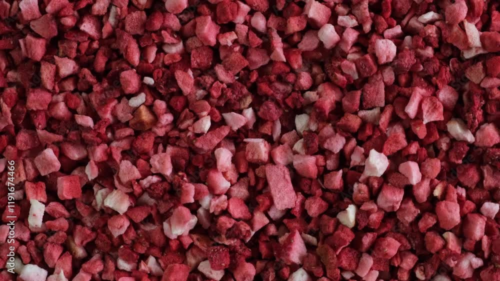 Freeze dried strawberries nibs, close-up. Dehydrated strawberry berries. Thoughtful healthy food storage. Dried fruit as delicious topping for porridge, cereal, yogurt and desserts. Freeze dried strawberries nibs, close-up. Dehydrated strawberry berries. Thoughtful healthy food storage. Dried fruit as delicious topping for porridge, cereal, yogurt and desserts.