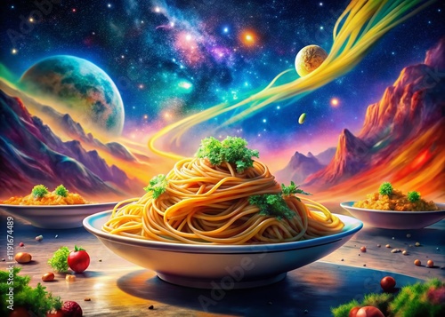 Surreal Floating Spaghettini: Dreamlike Pasta in a Cosmic Landscape photo