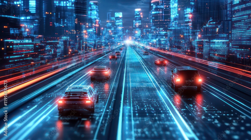 Futuristic city highway at night with glowing digital data streams and cars driving. Futuristic city highway at night with glowing digital data streams and cars driving.
