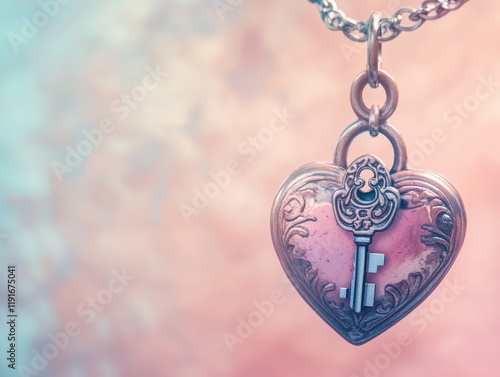 Heart-shaped locket pendant with a vintage key on a delicate chain against a blurred background photo