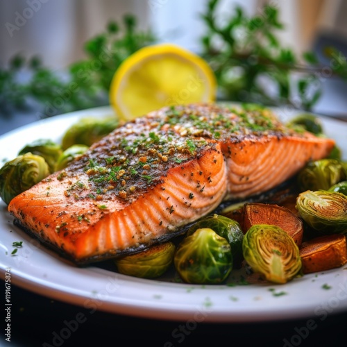 Herb-Crusted Salmon with Roasted Sweet Potatoes and Brussels Sprouts, Aesthetically Presented with Vibrant Colors on a White Plate photo