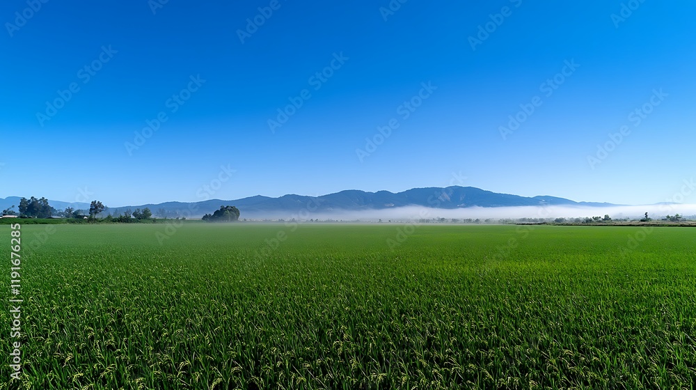 Lush Green Rice Paddy Field Under Blue Sky and Mountains Lush Green Rice Paddy Field Under Blue Sky and Mountains