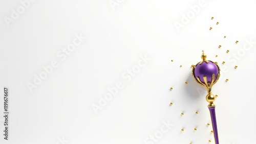 Royal purple and gold scepter on right. Soft white background. Copy space for text, 3D render AI Generated Designer Element photo