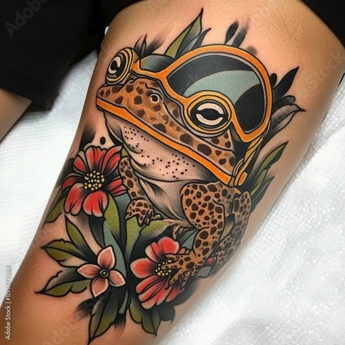 American Traditional Tattoo Design of a Toad Wearing a Classic Diving Helmet photo