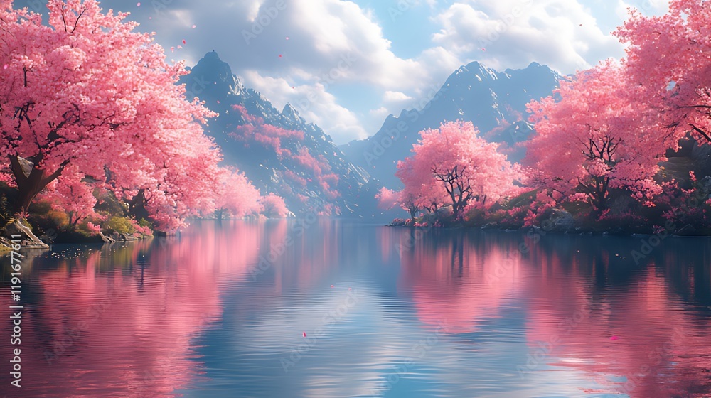 Pink cherry blossoms reflect on calm mountain lake (1) Pink cherry blossoms reflect on calm mountain lake (1)