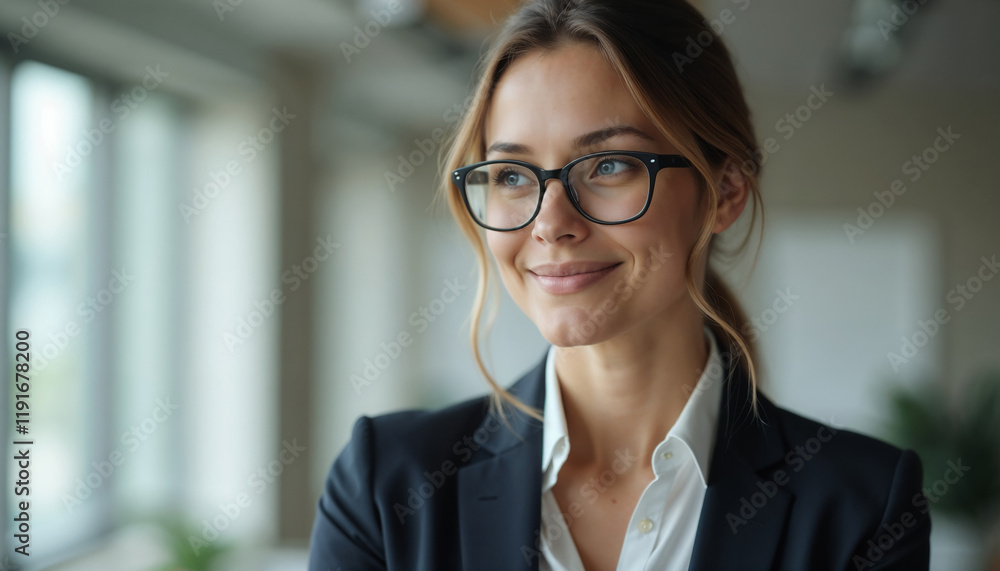 Smiling professional woman in glasses and formal attire in a bright office. Office-themed banner for branding, workplace promotions, or HR campaigns.Confidence. Growth. A perfect balance of profession Smiling professional woman in glasses and formal attire in a bright office. Office-themed banner for branding, workplace promotions, or HR campaigns.Confidence. Growth. A perfect balance of profession