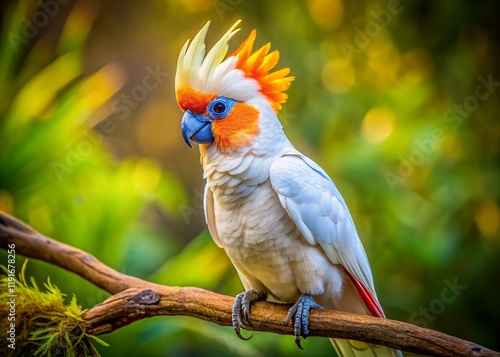 Tanimbar Corella Bird Vibrant Plumage on Branch, Tropical Wildlife Photography photo