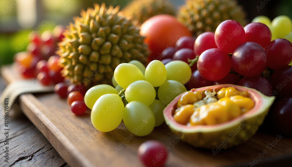 Assorted fruits on a polished wood surface Assorted fruits on a polished wood surface
