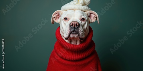 White dog wearing a red sweater and a white hat. The dog is looking at the camera. Banner, poster, background, Copy space