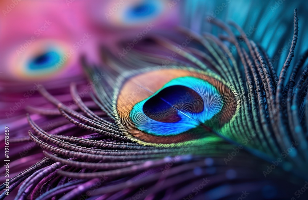 Naklejka premium Closeup view of vibrant peacock feather. Detailed texture shows colorful patterns of blue green, gold. Exotic bird plumage. Beautiful feathers. Macro photo of feather. Colorful feather closeup.