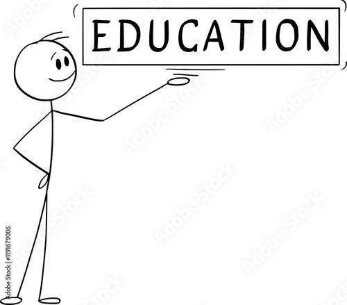 Person holding education sign in hand , vector cartoon stick figure or character illustration.
