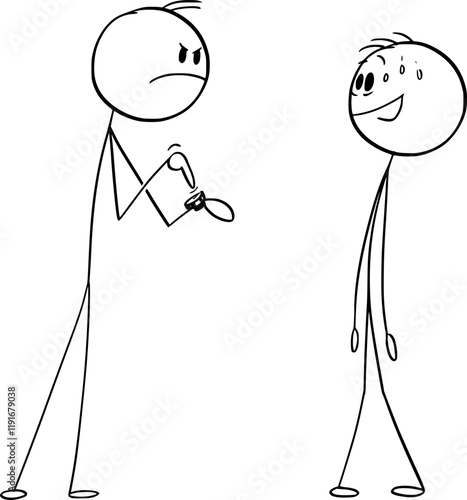 Person going late to work or home, boss or father annoyed, vector cartoon stick figure or character illustration.