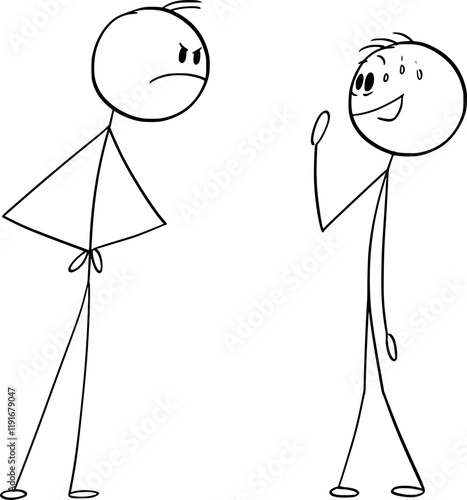 Worried or self-conscious person talking with boss or father, vector cartoon stick figure or character illustration.