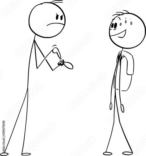 Student is coming late to school, director or teacher is disappointed or annoyed , vector cartoon stick figure or character illustration.