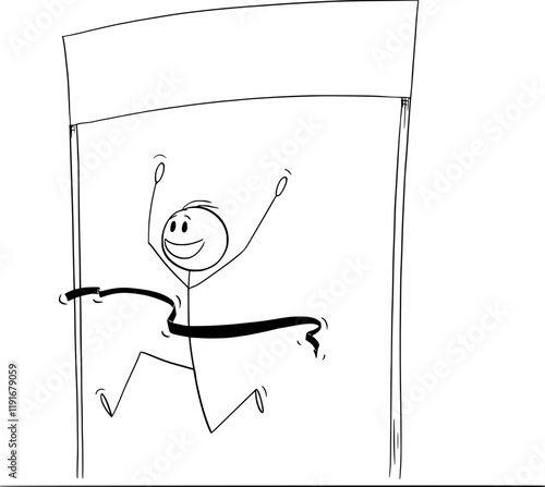 Person or businessman winning race on finish line at athletic stadium, vector cartoon stick figure or character illustration.