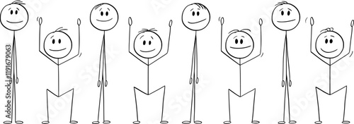 Tileable line of persons in standing and crouched pose, vector cartoon stick figure or character illustration.