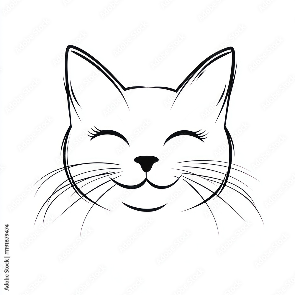 Happy cat face, simple line art, white background, pet illustration, for greeting cards Happy cat face, simple line art, white background, pet illustration, for greeting cards