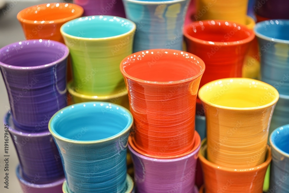 Colorful ceramic cups stacked, vibrant hues. Colorful ceramic cups stacked, vibrant hues.