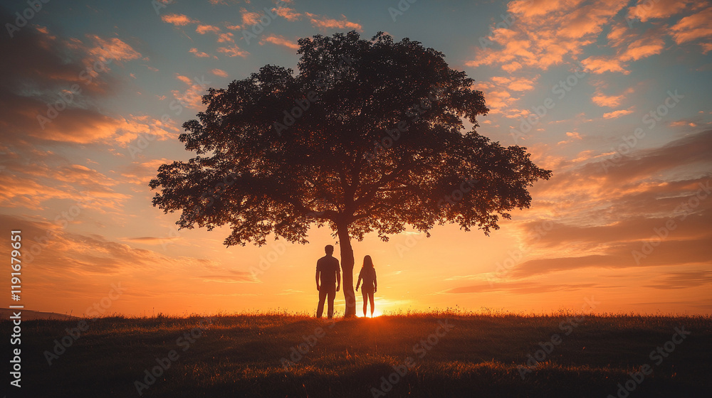 A silhouette of two people standing together under a tree at a vibrant sunset with bright daylight backlighting, creating a peaceful scene with a clear caption space to the side
A silhouette of two people standing together under a tree at a vibrant sunset with bright daylight backlighting, creating a peaceful scene with a clear caption space to the side
