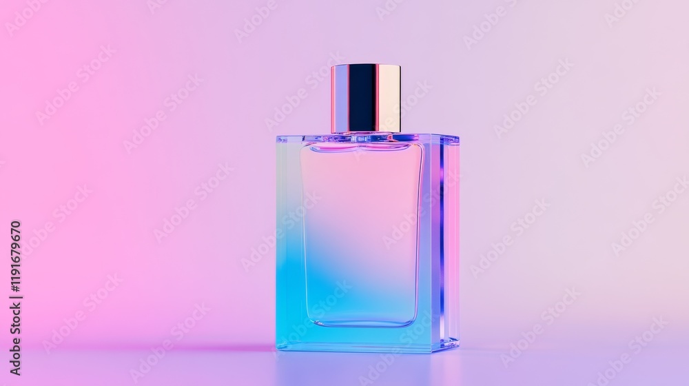 Perfume bottle with holographic lighting, reflection and space for text. Perfume bottle with holographic lighting, reflection and space for text.