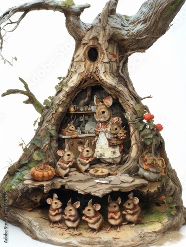 Charming Mouse in Apron with Little Mice Cooking in a Forest Hollow Kitchen, Children's Fairy Tale Illustration photo