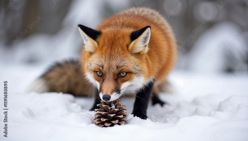 Fototapeta premium Red fox examining pinecone on snowy ground in winter.Winter wildlife concept for educational, promotional, or artistic use.Curiosity. Adaptation. Beauty of wildlife in nature's embrace.Fox and Pinecon