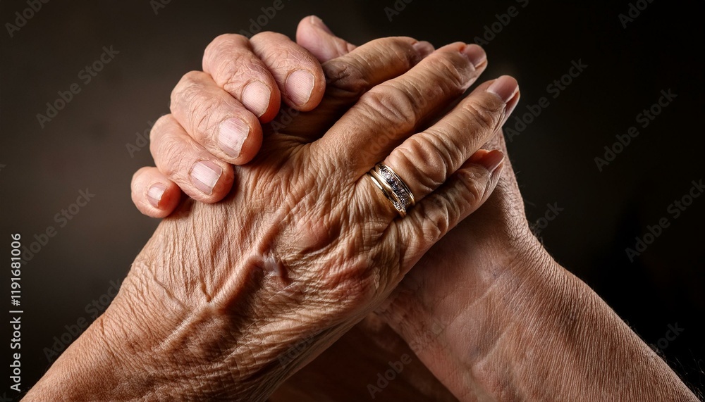 Fototapeta premium Generated image Close-up of two elderly hands clasped together with wearing wedding rings. Suggesting a gest