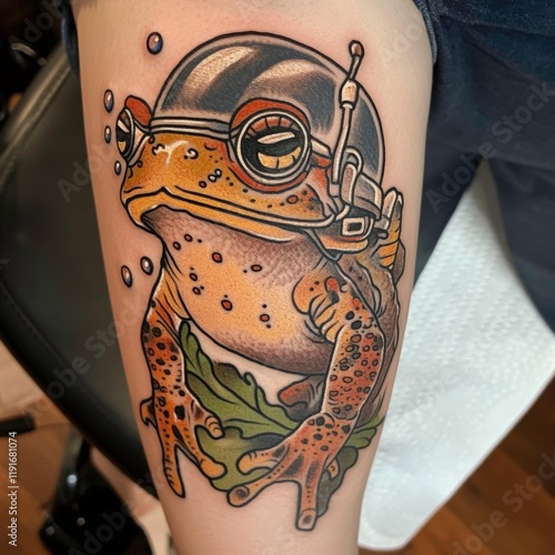 American Traditional Tattoo Design of a Toad Wearing a Classic Diving Helmet photo