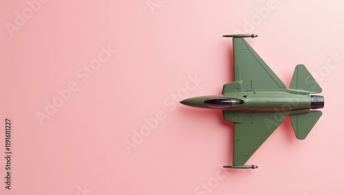 Camo green fighter jet on right. Soft coral background. Copy space for text, 3D render AI Generated Designer Element photo