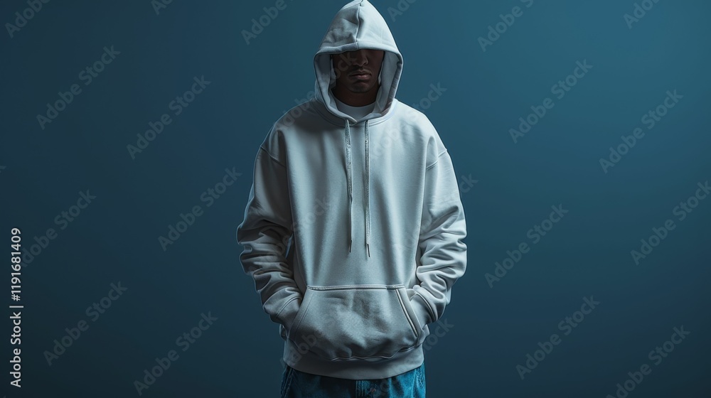 Portrait of a black man in a white hoodie on a blue background (2) Portrait of a black man in a white hoodie on a blue background (2)