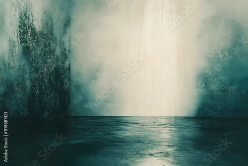 Moody teal and beige abstract background; textured wall and reflective floor; ideal for design projects needing a somber, atmospheric backdrop.